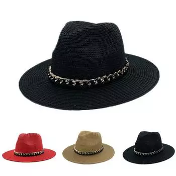 Соломенная шляпа-панама с акриловой цепочкой и большим козырьком красный