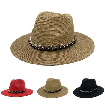 Соломенная шляпа-панама с акриловой цепочкой и большим козырьком красный