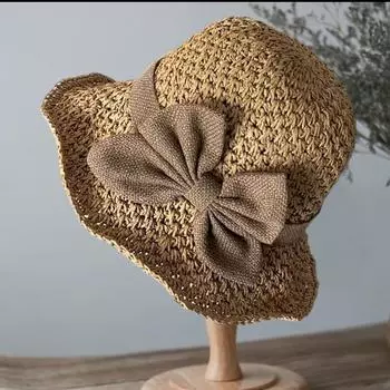 Соломенная шляпа ручной работы, солнцезащитная шляпа, складная, летняя, для прогулок, с большими карнизами, повседневная шляпа-ведро, шляпа-бантик M (56-58cm) Premium Linen Bow хаки
