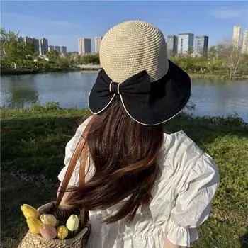 Соломенная шляпа с бантом, женская летняя пляжная шляпа для отдыха, крутая дышащая тонкая рыбацкая шляпа в корейском стиле, шляпа с большими полями, прилив M56-58cm светло-бежевый