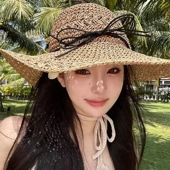 Соломенная шляпа с бантом, женская летняя шляпа с большими полями, солнцезащитный козырек для пляжа, отдыха на море, складная шляпа от солнца M (56-58cm) Black Belt Wheat Ear хаки