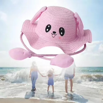 Соломенная шляпа с кроликом, милые модные солнцезащитные шапки для поездок, нарядные платья, подарки для вечеринок Pink