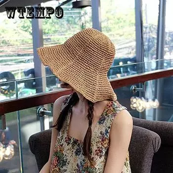 Соломенная шляпа с широкими полями, классическая вязаная крючком летняя шляпа от солнца, дышащая, для путешествий на открытом воздухе, пляжная шляпа для женщин, для ежедневного использования ONE SIZE света кофе