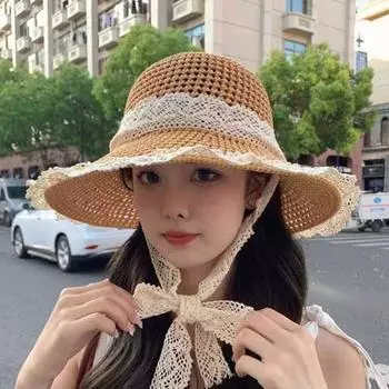 Соломенная шляпа с широкими полями, вязаная соломенная шляпа-ведро с кружевным ремешком, летняя пляжная шляпа для походов, путешествий хаки
