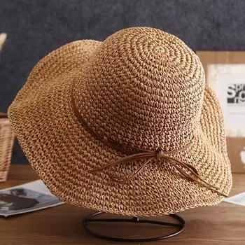 Соломенная шляпа-ведро с бантом для женщин, однотонная летняя шляпа на шнуровке, складная шляпа от солнца, защита от ультрафиолета, солнцезащитный крем для путешествий, пляжная шляпа бежевый