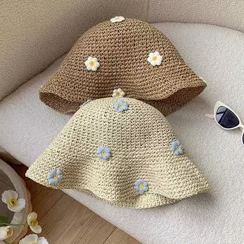 Соломенная шляпа-ведро с цветком, женская летняя дышащая солнцезащитная шляпа-ведро с защитой от солнца, японская маленькая соломенная шляпа с изображением свежего лица average size