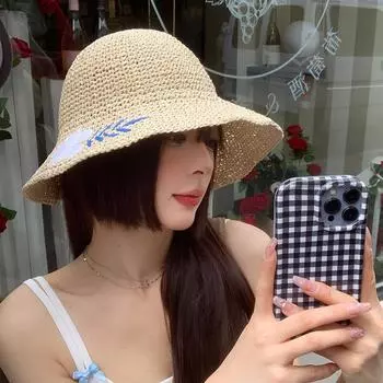 Соломенная шляпа женская летняя 2024 новая маленькая свежая литературная складная плетеная солнцезащитная шляпа-ведро с цветком M56-58cm бежевый