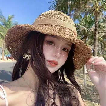 Соломенная шляпа женская летняя пляжная солнцезащитная шляпа-ведро ультрафиолетовая шляпа от солнца шляпа от солнца 2024 Интернет знаменитость лето adjustable (55-58cm) розовый