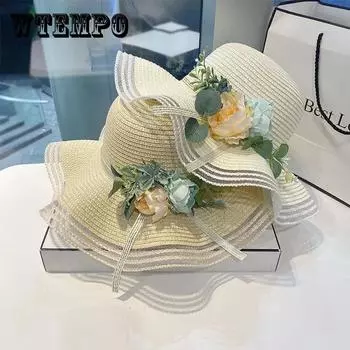 Соломенная шляпа женская летняя солнцезащитная шляпа от солнца модная шляпа с дикими цветами на берегу моря крутая пляжная шляпа one size хаки