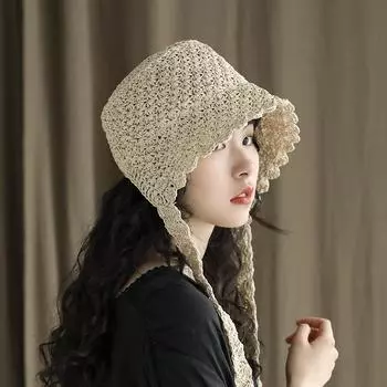 Соломенная шляпа женская весна и лето корейская версия завязанная шляпа ретро шляпа принцессы милая шляпа рыбака соломенная плетеная японская шляпа лоли M56-58cm хаки