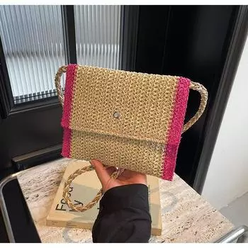 Соломенная сумка 2024 года, повседневный стиль отдыха, модная контрастная цветная сумка-конверт, плетеная сумка-мессенджер через плечо, фактура, женская сумка фиолетовый