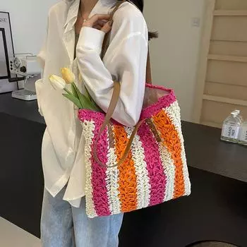 Соломенная сумка большой емкости, женская сумка для подмышек, полосатая сумка-тоут синий