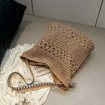 Соломенная сумка большой вместимости в стиле кэжуал, женская, летняя, для отпуска на море, плетеная сумка, этнический стиль, широкий плечевой ремень, сумка-тоут для поездок на работу Khakis Color shoulder strap