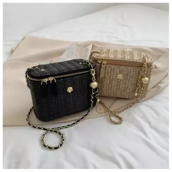 Соломенная сумка через плечо с ковшом, богемная цепочка, простые женские сумки на ремне