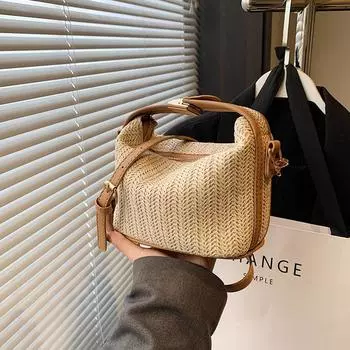 Соломенная сумка через плечо в стиле ретро для женщин, богемная маленькая вязаная летняя сумочка и сумка, ведро для отдыха, пляжные сумки 20x11x12cm хаки