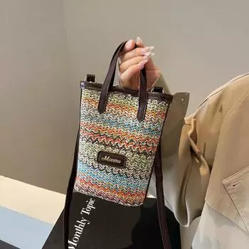 Соломенная сумка для мобильного телефона Женская сумка-ведро через плечо 2025 новая сумка Летняя прогулка Супер-легкая плетеная маленькая сумка оранжевый