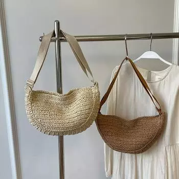 Соломенная сумка-мешок на молнии с застежкой-молнией, плетеная летняя пляжная женская плетеная однотонная сумка через плечо 33x9x22cm бежевый