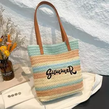 Соломенная сумка ручной работы, женская сумка-ведро большой вместимости, сумка через плечо под мышкой, персонализированная сумка для покупок контрастного радужного цвета