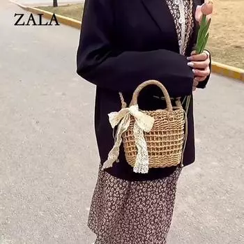 Соломенная сумка с цветочной вышивкой и бантом, тканая полая сумка-ведро на плечо, праздничная пляжная сумка, летняя сумка через плечо, сумка 18x8x15cm