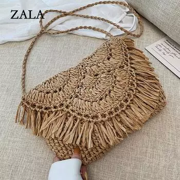 Соломенная сумка с кисточками для женщин, богемная пляжная сумка, тканая маленькая сумка через плечо, летняя полая сумка на плечо, женская сумка, кошелек 23*1*19cm коричневый