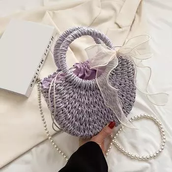 Соломенная сумка Yogodlns с бантом для женщин, женская пляжная сумка с жемчужным ремешком, тканая сумка на плечо ручной работы, богемная сумка с верхней ручкой 23x8x20cm синий