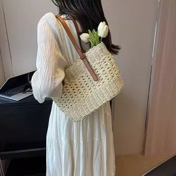 Соломенная сумка женская большая вместимость 2024 новая мода весна и лето плетеная сумка через плечо текстурный класс сумка-ведро для поездок на работу хаки