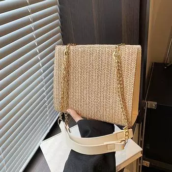 Соломенная сумка женская летняя 2024 новая модная повседневная сумка-тоут однотонная большая вместительная плетеная сумка через плечо белый