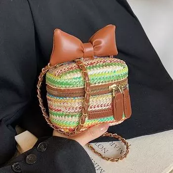 Соломенная сумка женская летняя 2024 новая нишевая контрастного цвета плетеная переносная сумка-ведро через плечо пляжная сумка для отдыха на море