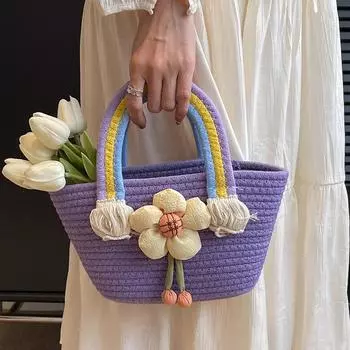 Соломенная сумка женская мода выход плетеная переносная корзина милая радужная хлопковая веревка подарок на день рождения цветочная корзина белый