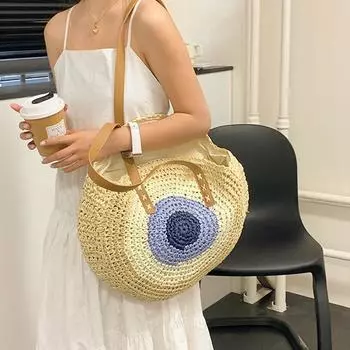 Соломенная сумка женская ручная плетеная сумка круглая форма ротанговая сумка большая вместимость повседневная пляжная сумка через плечо 30x2x43cm бежевый