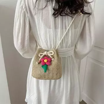 Соломенная сумка женская симпатичная сумка-ведро 2024 летняя новая модная плетеная сумка-мессенджер через плечо женская хаки