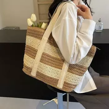 Соломенная тканая сумка контрастного цвета, портативная пляжная сумка большой емкости, сумка на одно плечо для женщин синий