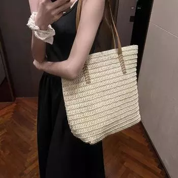 Соломенная тканая сумка Женская большая сумка на одно плечо бежевый