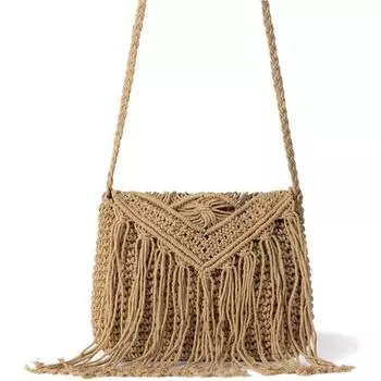 Соломенная женская сумка из ротанга, летняя хлопковая веревка с полой кисточкой, вязаная сетчатая сумка с клапаном, шикарная сумка 27cm*2cm*21cm верблюд