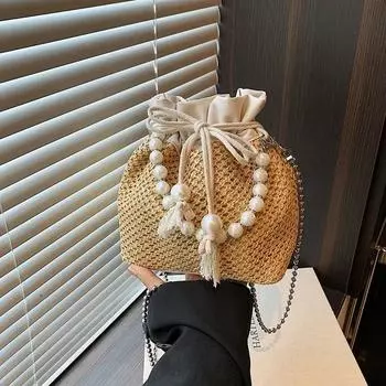 Соломенные бисерные повседневные однотонные сумки через плечо универсальная женская сумка-тоут ручной работы модные сумки с ручками сверху дамская пляжная сумочка