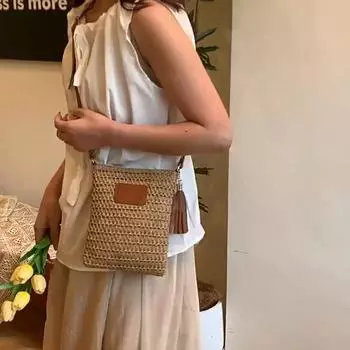 Соломенные плетеные сумки большой емкости простые новые универсальные молнии модные однотонные женские сумки через плечо 18x2x22cm бежевый