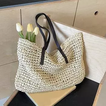 Соломенные плетеные сумки-тоут повседневная большая роскошная дизайнерская вместительная сумка пляжная сумка через плечо простая женская сумка для шопинга лето 48x2x38cm бежевый