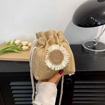 Соломенные пляжные сумки на шнурке, сумки с вышивкой цветов, женские пляжные сумки-ведра через плечо для путешествий 13x5x15cm бежевый