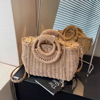 Соломенные сумки через плечо для женщин, летняя повседневная плетеная сумка через плечо, дорожная корзина, пляжная сумка, женский кошелек и сумки из ротанга 33x10x20cm бежевый