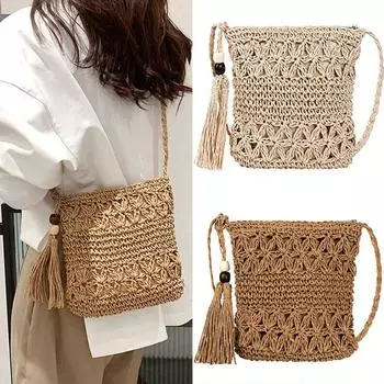 Соломенные сумки на плечо для женщин, пляжная сумка через плечо с кисточками, сумка-мессенджер бежевый