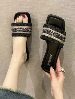 Соломенные тапочки с плоским дном в стиле феи-рыбака, классные женские тапочки 2024 года, новые тапочки в этническом стиле с одним словом в тайском стиле летом 35