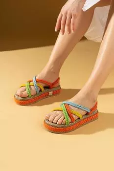 Соломенные женские сандалии с высокой подошвой и перекрестным ремешком 30-15-24Разноцветные