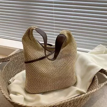 Соломенные женские сумки большой емкости, модные сумки на плечо, бумажные тканые женские сумки, летние пляжные соломенные сумки, повседневные сумки-тоут 2023 коричневый