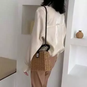 Соломенные женские сумки через плечо из ротанга, бусины с ручкой, пляжные праздничные женские сумки 16.5*10*16.5cm бежевый