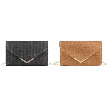 Соломенный клатч-кошелек с клапаном для женщин, летняя пляжная сумка-конверт-клатч (черный) #