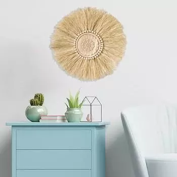 Соломенный орнамент, креативный тканый макраме, винтажные деревянные бусины, круглый настенный соломенный декор для фермерского дома C