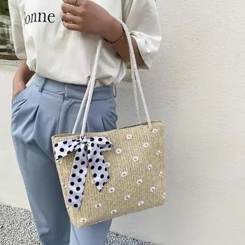 Соломенный плетеный шелковый шарф, дамская сумка на одно плечо, прочная, вместительная, модная, простая, летняя, дорожная, пляжная сумка