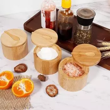 Солонка из бамбука, банка для приправ со встроенными ложками, контейнер для соли для кухни, вращающаяся крышка, коробка для специй для столешницы A
