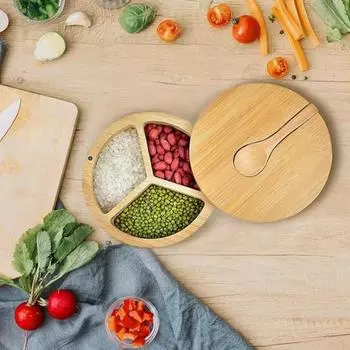 Солонка из бамбука, банка для приправ со встроенными ложками, контейнер для соли для кухни A