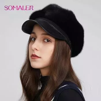 SOMALER бейсбольная кепка из натурального цельного меха норки, женская модная зимняя меховая шапка с козырьком, роскошные шапки из меха норки для девочек чёрный